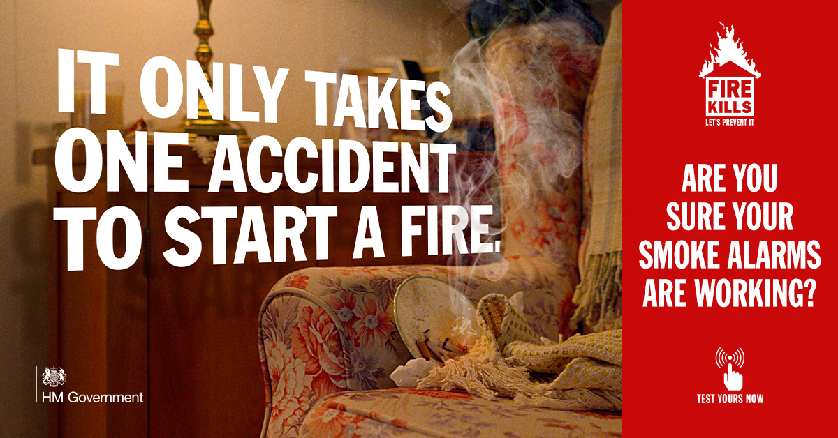 Image of a living room with a sofa. A cigarette placed on a plate has tipped over onto the sofa and is starting to catch fire. Text reads: "It only takes one accident to start a fire."