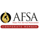 Gold flame in black circle to left of following text. AFSA Asian fire service association corporate member