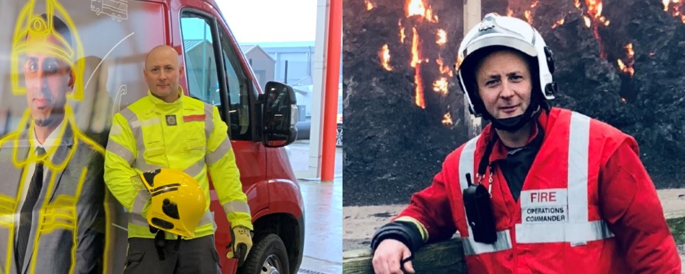 collage of paul in different fire kit posing for picture