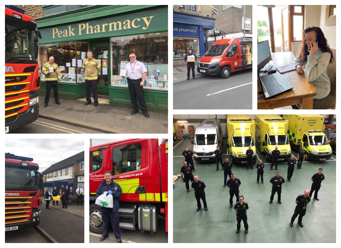 collage of staff and appliances collecting and delivering items from local pharmacies