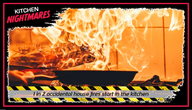 Image of a pan on fire with the DFRS branding for the new Kitchen Nightmares campaign
